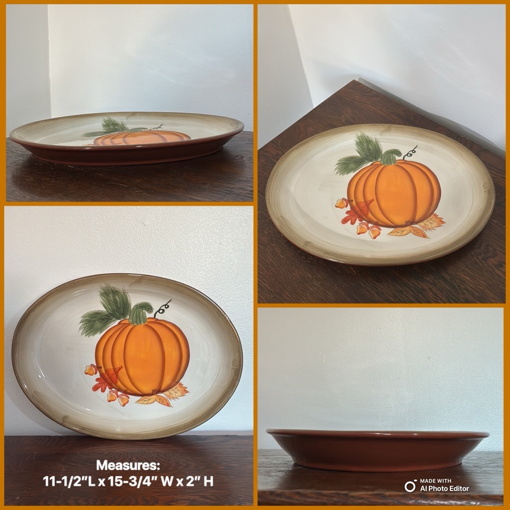 NWT- Hand Painted Hausenware Fall Harvest Pumpkin Ceramic Oval Serving Platter